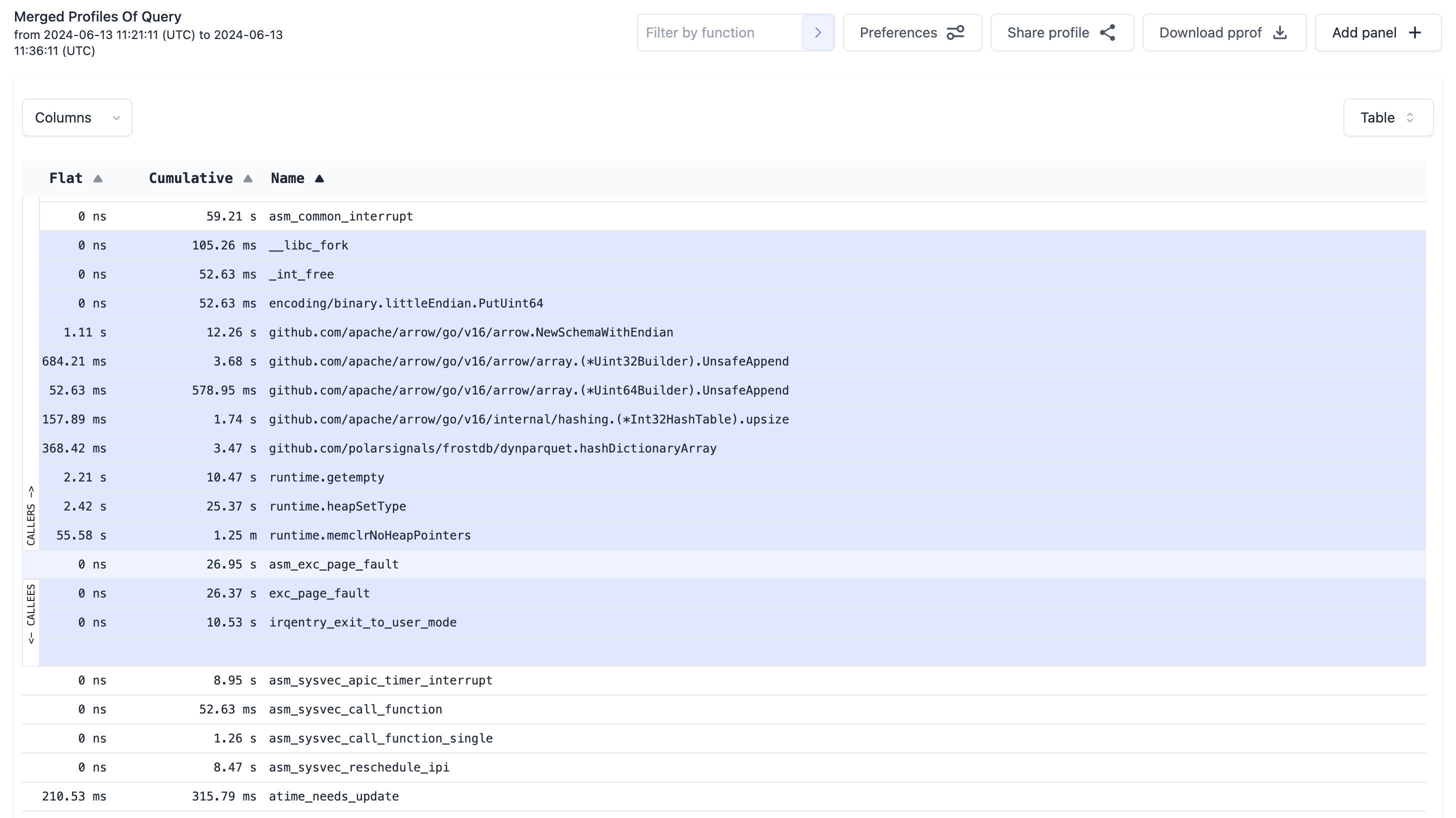 An example Caller / Callee View screenshot showing all stacks that lead to page faults.