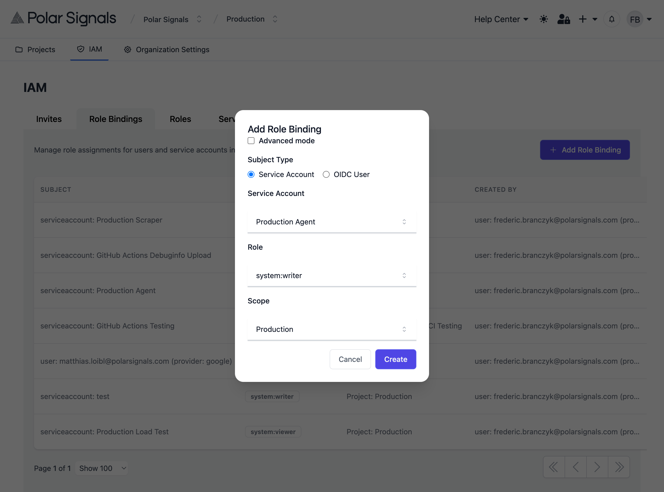 Create Role Binding modal