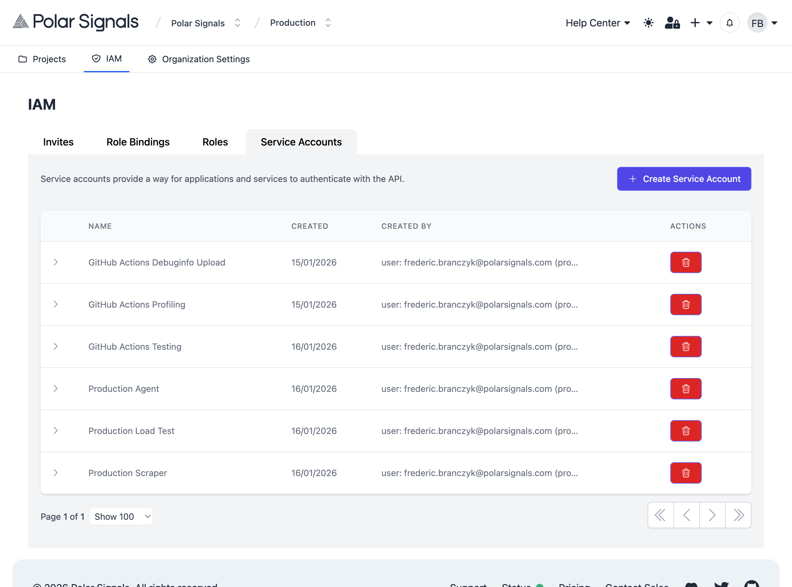 IAM Service Accounts page