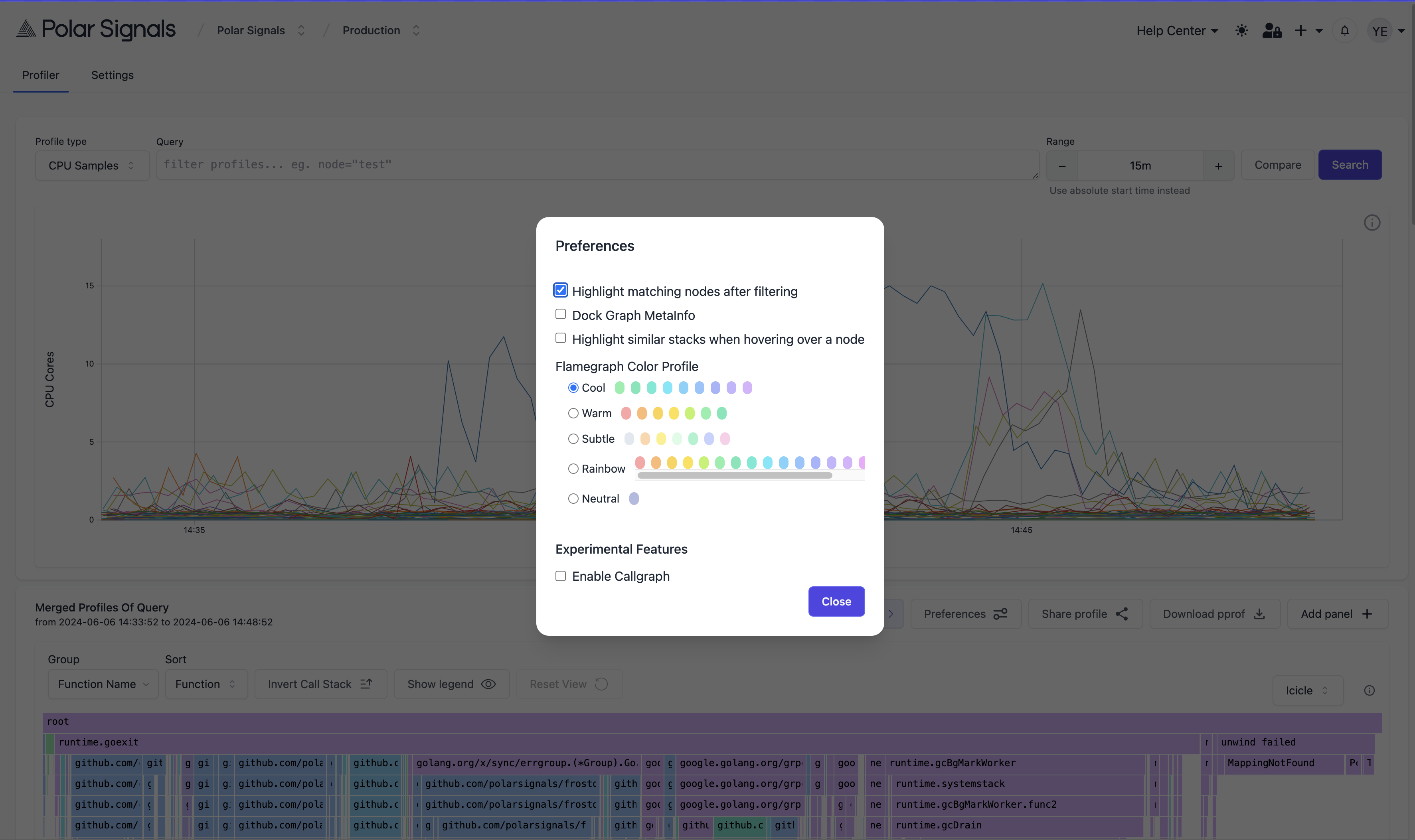 Preferences modal showing different color profiles