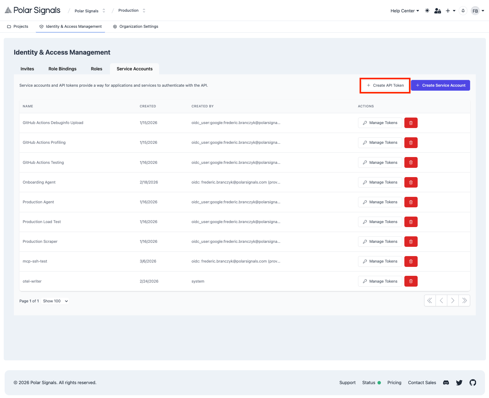Service Account Tokens section