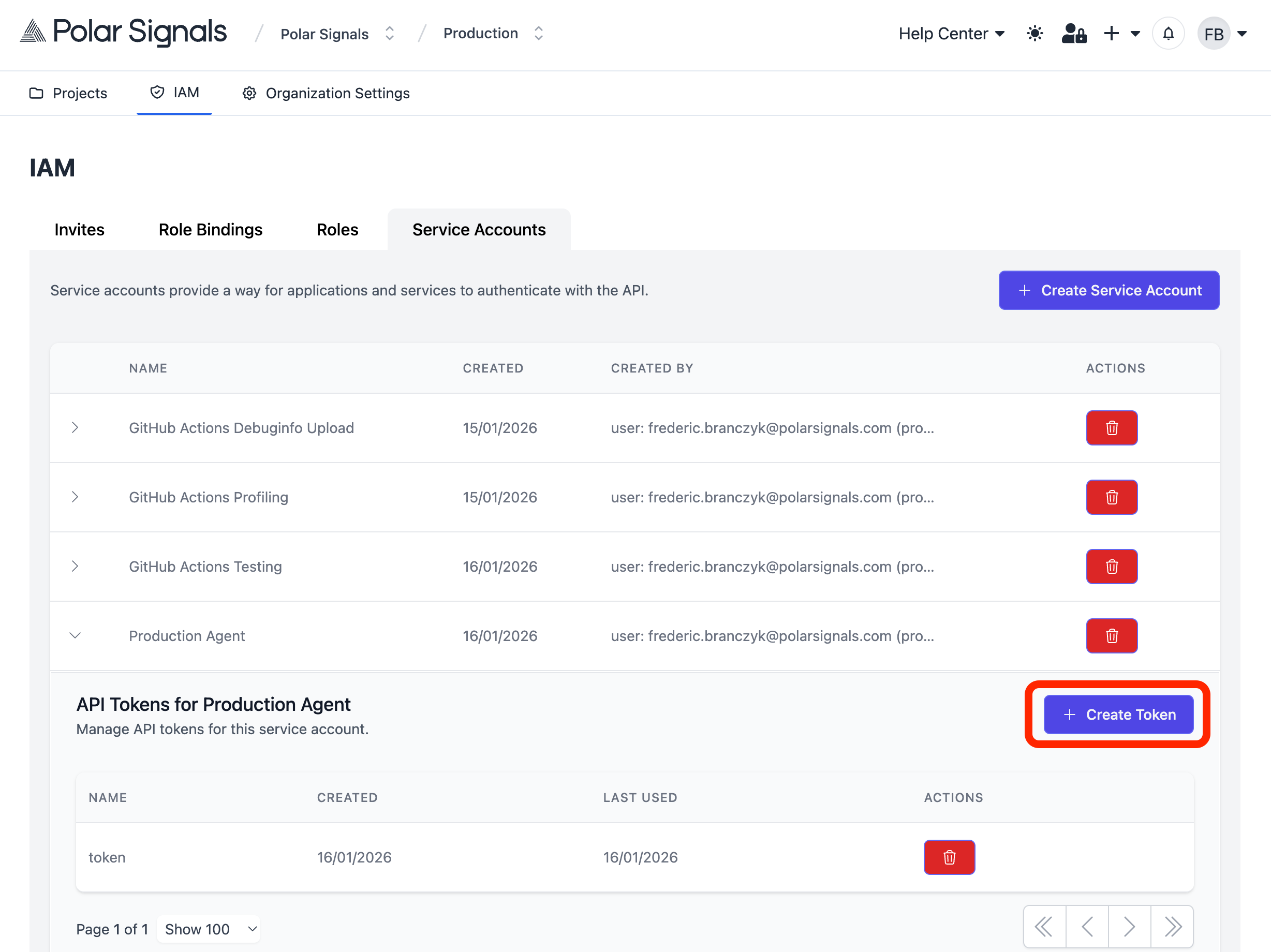 Service Account Tokens section